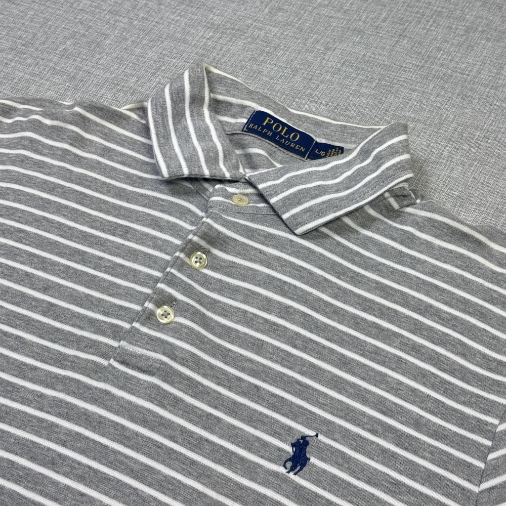 Polo Ralph Lauren Polo Shirt Mens Large Gray 100% Cotton Striped Short Sleeve